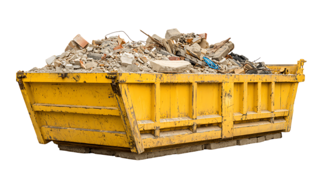 Yellow dumpster filled with construction debris isolated on transparent background.