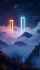 Mysterious neon portals illuminating foggy mountain landscape at night