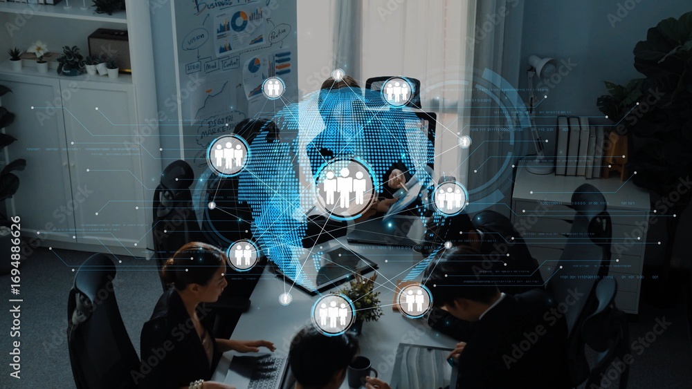 Poster a modern office setting showcases a team meeting enhanced by digital network graphics, emphasizing g
