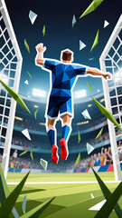 Polygonal soccer player in stadium celebrating victory during night match