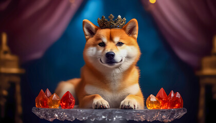 Shiba inu wearing crown surrounded by crystals in elegant setting