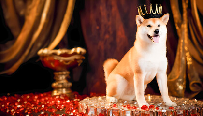 Shiba inu dog sitting on throne wearing a crown in luxurious setting