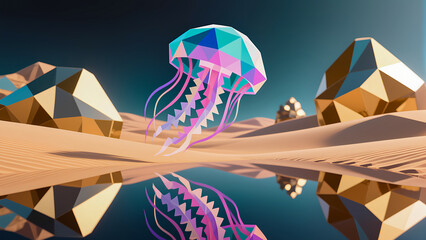 Vibrant geometric jellyfish floating above reflective water in surreal desert landscape