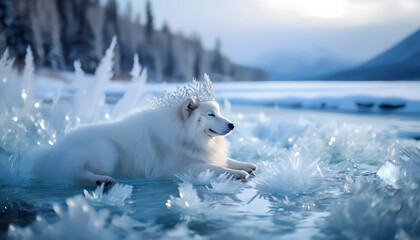 White fluffy dog on ice in scenic winter landscape with frosty crown