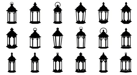 Black Lantern Silhouette Icons in Different Traditional Styles on White Background for Design and Decoration