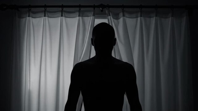 Eerie Silhouette Behind Curtain - A shadowy figure is partially hidden behind sheer white curtains in a dimly lit room.