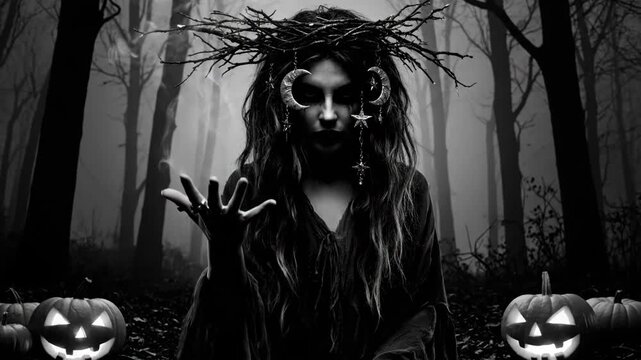 Eerie Hecate Witchcraft Halloween - A black and white video of a mysterious woman, adorned with a crown of branches and crescent moon jewelry, standing in a dark forest with glowing jack-o'-lanterns.
