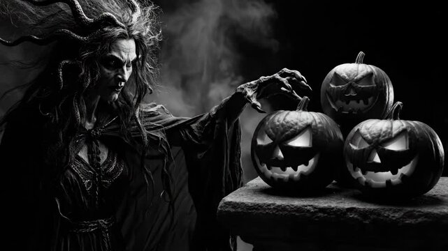 Eerie Hecate Halloween Witch with Pumpkins - A black and white video of a spooky witch, Hecate, with snake-like hair, casting an ominous shadow over three carved pumpkins.