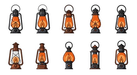 Vintage and Modern Lantern Icons with Glowing Flames in Black and Orange Vector Style on White Background