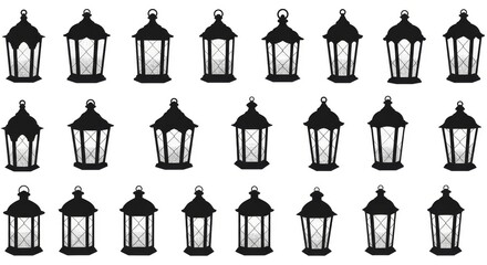 Black Lantern Silhouette Icons in Different Traditional Styles on White Background for Design and Decoration