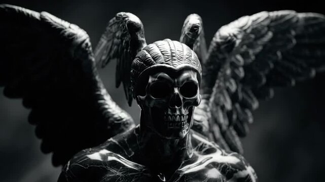 Eerie Winged Skull Statue - A close-up shot of a dark, dramatic statue depicting a winged figure with a skull head. The statue is video in black and white, creating an eerie and mysterious atmosphere.
