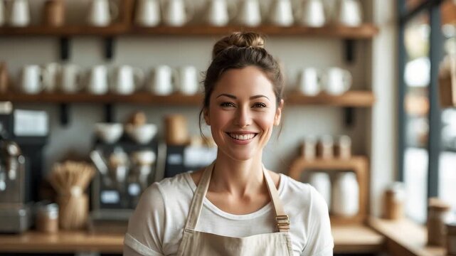 Smiling female barista in apron standing inside modern coffee shop with shelves full of mugs and brewing equipment in warm lighting