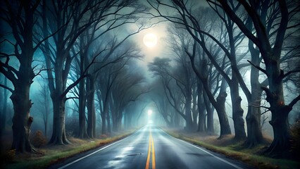 Moonlit forest road with bare trees and fog mist.