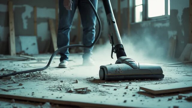 Worker cleaning dusty construction site floor with industrial vacuum cleaner removing debris and dirt during building renovation process