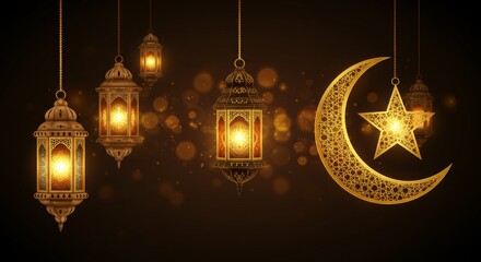 Golden  Lanterns with Crescent Moon and Star Hanging Islamic Decoration on Transparent Background in Warm Glowing Colors