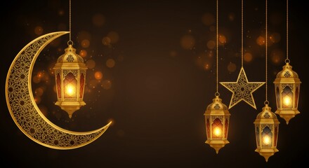 Golden  Lanterns with Crescent Moon and Star Hanging Islamic Decoration on Transparent Background in Warm Glowing Colors