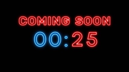 25 second countdown timer. Neon timer number 25 illustration.
