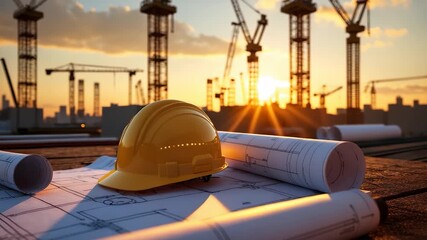 Yellow safety helmet placed on blueprints at construction site with cranes and steel structures under warm sunset light in industrial setting