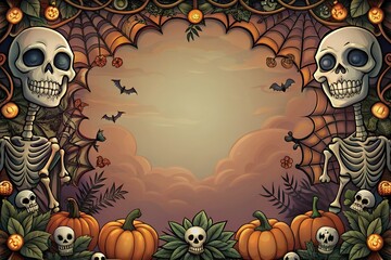 Spooky halloween skeletons and pumpkins frame a mysterious center