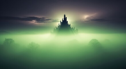 A dark, silhouetted castle or fortress emerges from thick, glowing green fog and mist at twilight