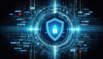 Cybersecurity concept digital shield binary code blue neon highl