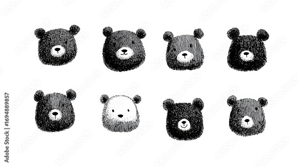 Poster Cute Bear Illustrations With Varying Expressions Displayed in a Grid on a White Background