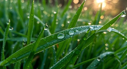 Naklejka premium Close up of green grass blades covered in water droplets glistening in the morning sunlight outdoors