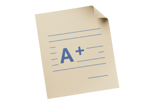 Isolated A+ paper for education or learning success, good grades, tests or homework scores