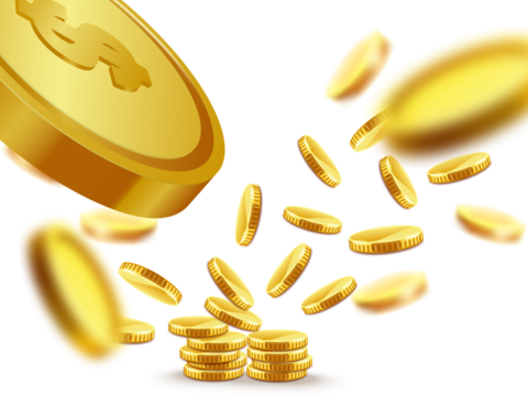transparent Vector gold coins fall from the sky. PNG money, png coins. Explosion of coins on isolated transparent background. Easy Money. Vector 10 eps. - 1