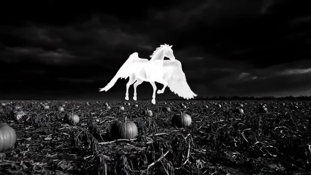 Ghostly Pegasus over Pumpkin Patch - A black and white video depicts a ghostly white pegasus flying over a field of pumpkins under a dark, stormy sky.