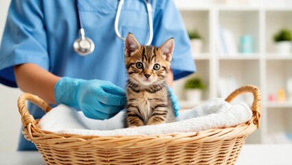 A Caring Veterinarian Prepares to Examine a Cute Tabby Kitten in a Comfortable Basket for a Health Checkup