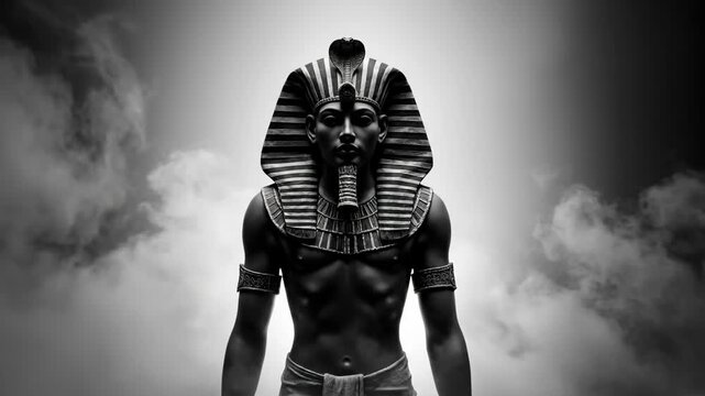Ghostly Pharaoh in Mist - Black and white video of a pharaoh statue, video in a misty atmosphere. The figure is depicted from the chest up, wearing a nemes headdress and elaborate jewelry.