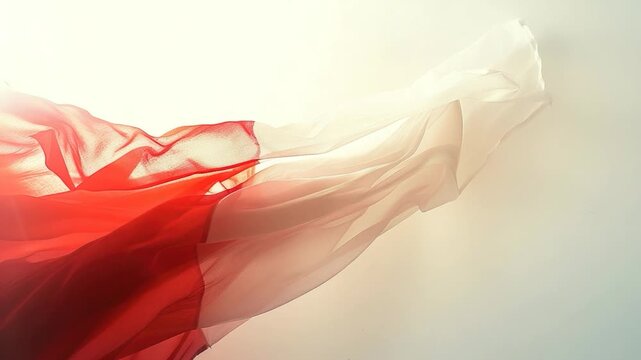 A woman in a bright red dress is suspended in mid-air, captured in a moment of weightless freedom