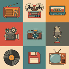 Colorful illustration icon set of retro vintage media devices including camera, cassette, vinyl record, reel-to-reel, radio, TV, microphone, and floppy disk, for nostalgic design and pop culture