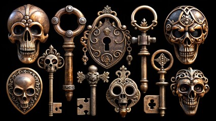 Fototapeta premium Ornate antique skull and key collection on black background.