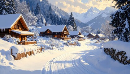 A picturesque winter scene showcases charming log cabins nestled in a snowy mountain valley, bathed in golden sunlight.
