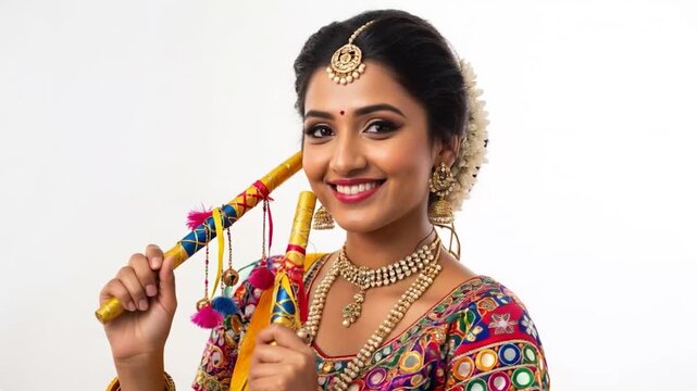 Smiling Indian woman in colorful traditional attire holding decorated dandiya sticks during Navratri garba festival celebration