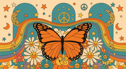 Psychedelic illustration of a butterfly with smiling flowers, rainbows, stars, and peace symbols, inspired by retro 70s hippie style, ideal for posters, fashion, and creative design projects