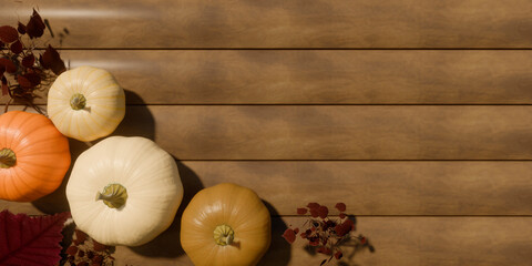 Autumn pumpkins and dried leaves on wooden background for fall decoration. 3d rendering
