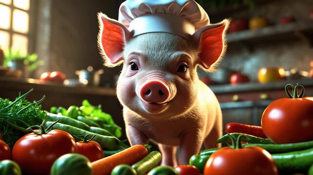 Cute piglet wearing chef hat standing in rustic kitchen surrounded by fresh vegetables including tomatoes carrots and lettuce in sunlight