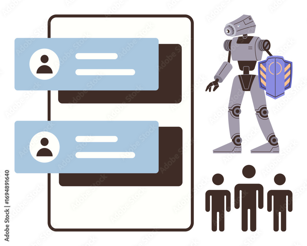 Poster text bubbles on messaging interface, robot holding shield, silhouetted users. ideal for communicatio