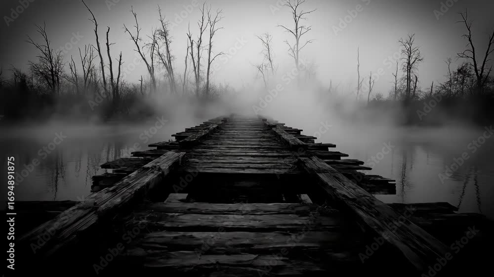 Poster mysterious foggy bridge - a black and white video of an old wooden bridge extending into a misty, sw