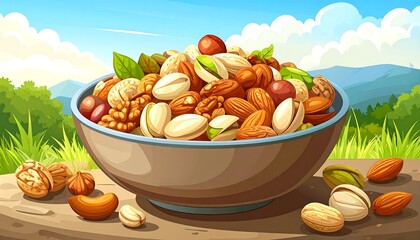 Assorted nuts in a bowl outdoors