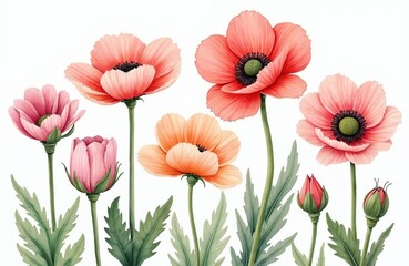 Fototapeta premium Set of hand-painted watercolor ranunculus flowers in pink, coral hues. Delicate botanical illustration features blooming petals, green leaves on white background. Ideal for wedding invitations,