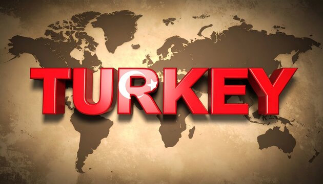 Bold red letters spelling "TURKEY" dominate a vintage world map, highlighting the country’s location. The design emphasizes national pride, geography, and global presence.