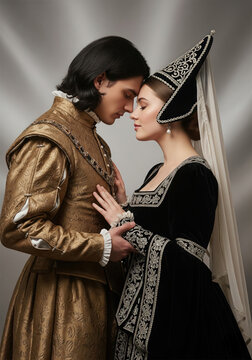 Gothic couple 15th century, woman in black embroidered gown with hennin, man in gold doublet, close embrace