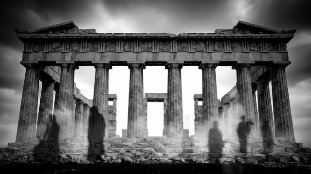 Haunted Parthenon: Ghostly Figures in Ancient Ruins - A black and white video depicts a haunting scene at the Parthenon.