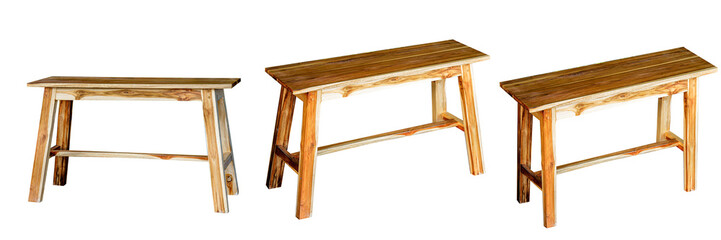 Wooden Bench Series: Three rustic wooden benches, exuding natural charm with their weathered...