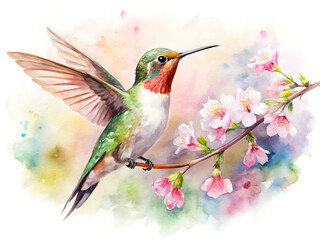 Watercolor painting of a hummingbird perched on a blossoming cherry branch