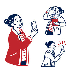 Smartphone happy young woman icon illustration set